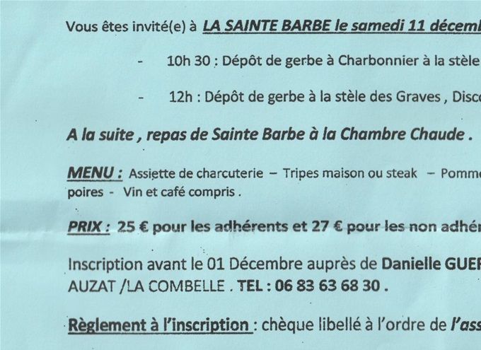 Repas St barbe 2021 bulletin d'inscription.inscription avant le 1 décembre 2021.
